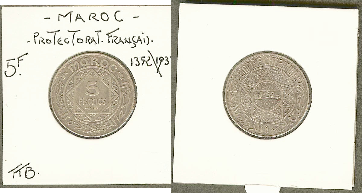 Maroc 5 Francs Empire Cherifien AH 1352 1933  TTB+